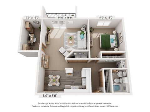 Floor plan for 1 bed, 1 bath, 907 sqft